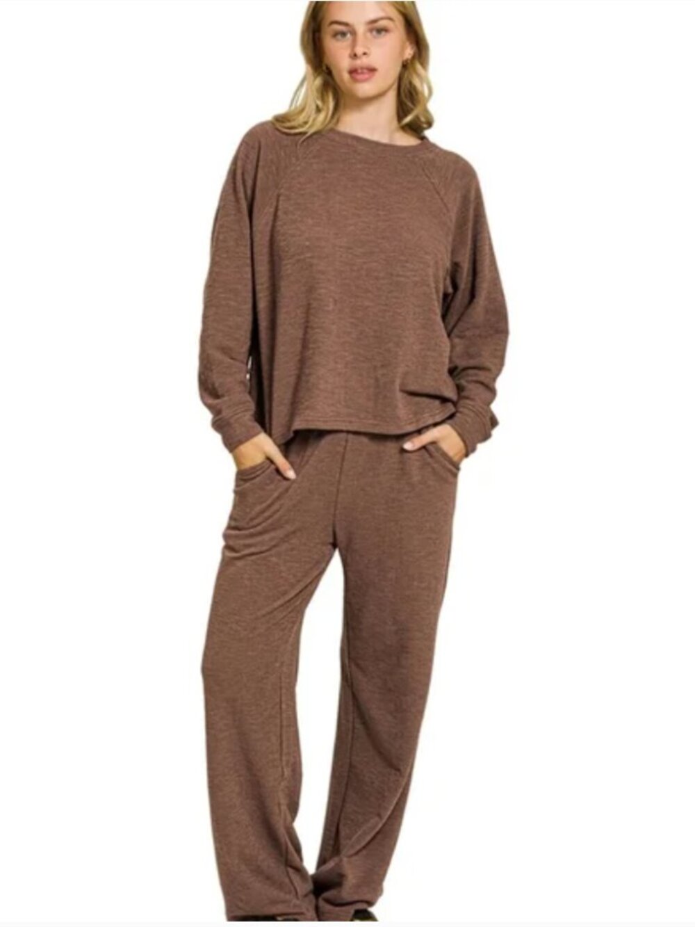 Zenana Slub Long Sleeve Top & Wide Leg Pants Lounge Set – Brown Size L